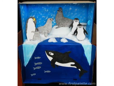 Habitat Or Ecosystem Diorama Pinguin Illustration, Penguins Project, Ocean Diorama, Arctic Habitat, Diorama Kids, Antarctic Animals, Shoe Box Crafts, Habitats Projects, Polar Animals