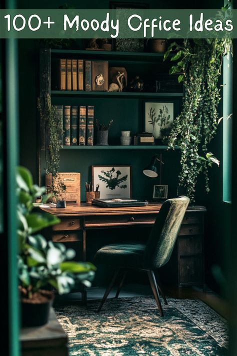 A cozy dark home office adorned with cascading greenery and vintage decor showcases moody office ideas, blending the charm of a dark modern office with the intimacy of a small moody office setup. Farmhouse Therapy Office, Dark Teal Office Walls, Witchy Office Ideas, Home Office Refresh, Navy Office Ideas, Creative Office Space Workspaces Design, Green Office Aesthetic, Moody Green Office, Modern Office Aesthetic