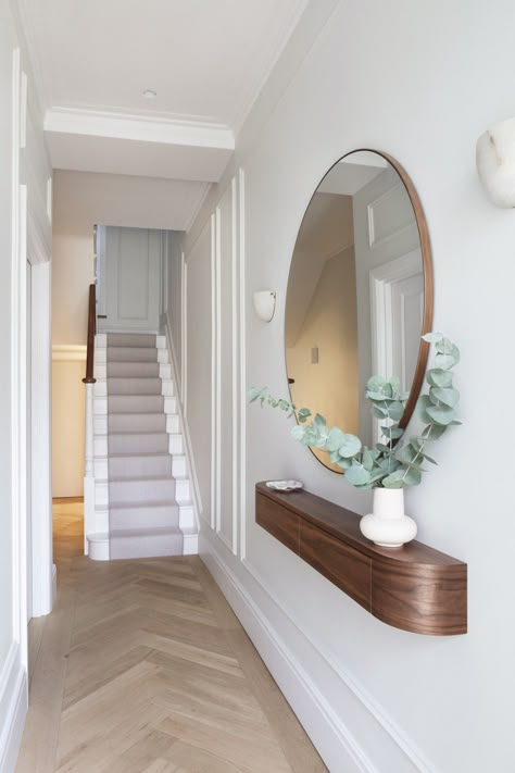 Small Entryway Hallway, Slim Corridor Ideas, Gold Mirror Hallway Entryway, Upstairs Hallway Corner Ideas, Entryway Long Hallway, Small Front Foyer Ideas Entryway, Pink Entrance Hall, Awkward Hallway Space, Hallway Inspo Entrance