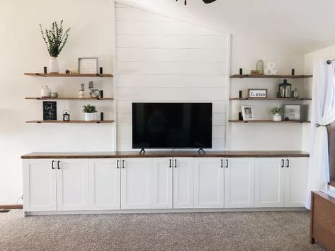 Turn Wall Cabinets Into Custom Storage, Shiplap Tv Wall With Cabinets, Built In Entertainment Center Vaulted Ceiling, Entertainment Center On Vaulted Wall, Large Vaulted Ceiling Living Room, Built In Tv Wall Unit Vaulted Ceiling, Built In Entertainment Center Tall Ceiling, Vaulted Tv Wall, Media Wall Vaulted Ceiling