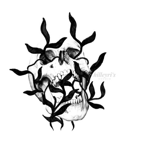 💀🌿 Leaves Drawing Tattoo, Black And White Tattoo, Leaves Drawing, Drawing Tattoo, Leaves Illustration, Skull Illustration, Leaf Drawing, Skull Drawing, White Tattoo