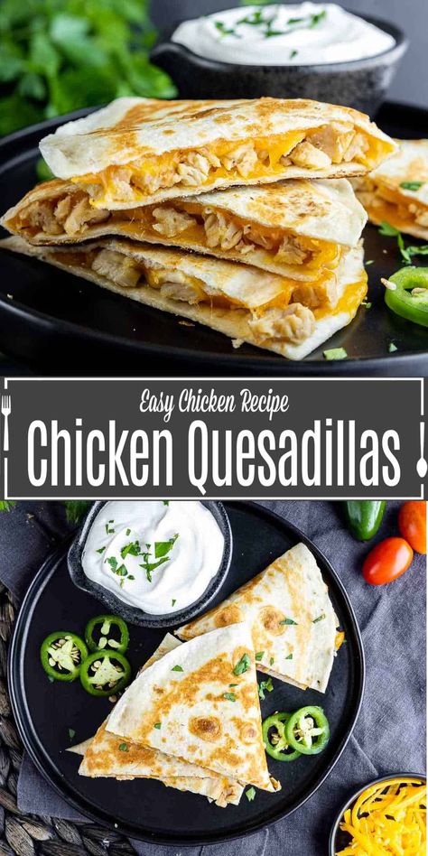 These easy chicken quesadillas are buttery, toasted flour tortillas packed full of grilled chicken and perfectly melted cheese. Chicken quesadillas are grilled in a skillet to make the perfect comfort food. It's an easy lunch or dinner recipes that kids and adults will love. They are a simple Cinco de Mayo dinner recipe! Best Quesadillas, Toasted Flour, Easy Chicken Quesadillas, Chicken Quesadillas Recipe, Quesadilla Recipes Easy, Easy Chicken Dinner, Chicken Quesadilla Recipe, Chicken And Cheese, Cheese Quesadilla