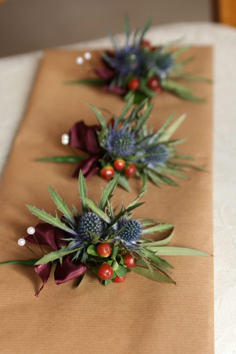 Rustic scottish buttonholes Edinburgh Thistle Buttonhole, Thistle Wedding Flowers, Thistle Bouquet, Scottish Weddings, June Weddings, Thistle Wedding, Small Bridal Bouquets, Buttonhole Flowers, Holly Wedding