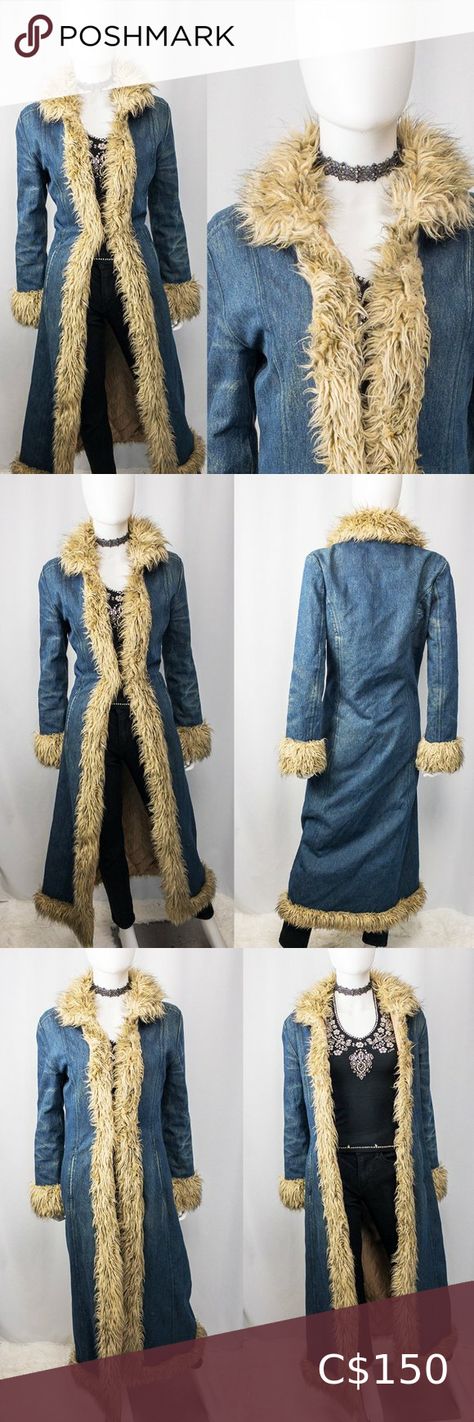 Vintage Y2K denim Penny Lane maxi full-length duster coat fur trim Fur Trim Coat Y2k, Denim Penny Lane Coat, Fur Jean Jacket, Afghan Coat, Penny Lane Coat, Fur Trim Coat, Lookbook Inspiration, Denim Trench Coat, Coat Fur