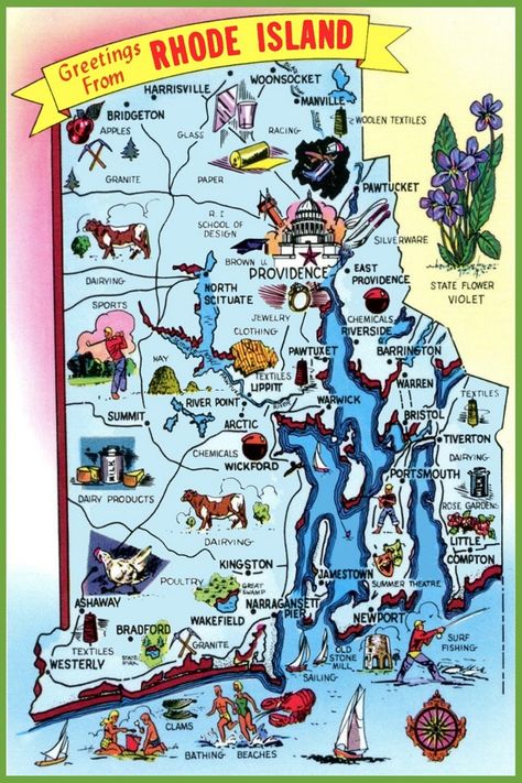 Pictorial travel map of Rhode Island Rhode Island Travel, Louisiana Art, New England States, Island Map, Cheat Meal, Illustrated Map, State Map, Travel Maps, Vintage Maps