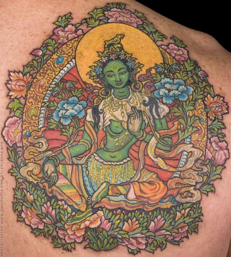 Green Tara Tattoo, Thangka Tattoo, Tara Tattoo, Possible Tattoo, Tara Buddha, Green Tattoos, Buddhist Tattoo, Buddha Tattoos, Symbol Tattoo