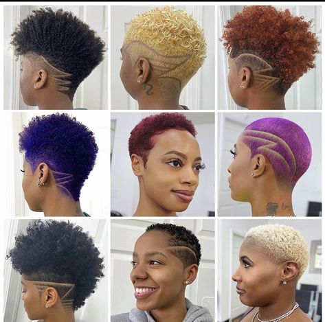 A selection of 40 stunning tapered haircuts for Black women on different natural hair textures. Short Tinted Hair For Black Women, Women’s Fade Haircut, Women Barber Haircut, Barber Haircuts For Women, Short Tapered Hair For Black Women, Shirt Natural Hairstyles Black Women, Black Female Haircut, Barber Designs In Hair, Fade Cuts For Black Women