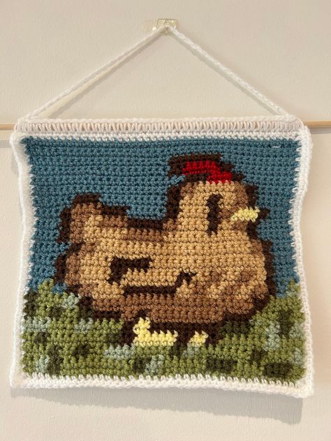 Crochet Stardew Valley Chicken Tapestry Pattern Digital Download PDF. Perfect for crochet lovers and fans of Stardew Valley! This item is a digital pattern. German Crochet Patterns, Crochet Cow Tapestry, Square Tapestry Crochet, Perler Stardew Valley, Stardew Crochet Pattern, Star Dew Valley Crochet, Stardew Valley Crochet Tapestry, Studio Ghibli Tapestry Crochet, Fall Tapestry Crochet