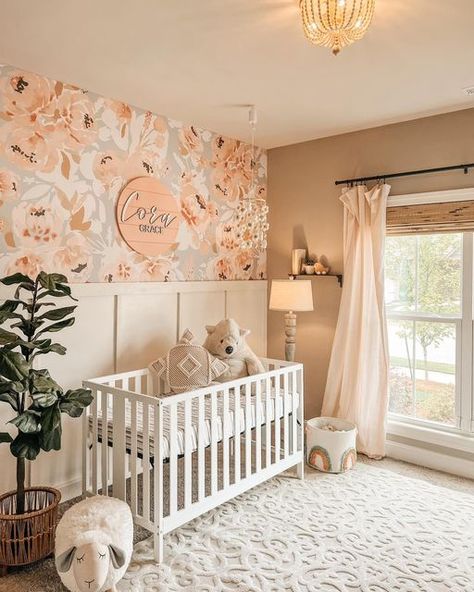 Nursey Girls Room, Accent Wall Baby Girl Nursery, Baby Girls Nursery Room Ideas, Baby Girl Nursery Board And Batten, Baby Girl Nursery Wall Paint Ideas, Unique Girl Nursery Themes, Baby Girl Nursery Inspiration, Baby Nursery Themes Girl, Feminine Nursery Ideas