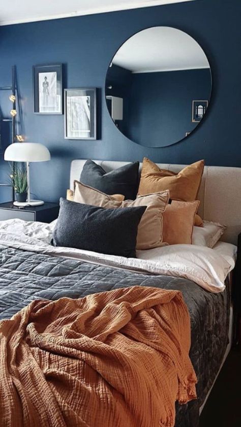 Navy Blue Bed Bedroom Ideas, Navy Blue And Orange Bedroom, Blue Comforter Bedroom, Masculine Bedrooms, Navy Bedrooms, Dark Blue Bedrooms, Blue Bedroom Walls, Navy Blue Bedrooms, Blue Bedroom Decor