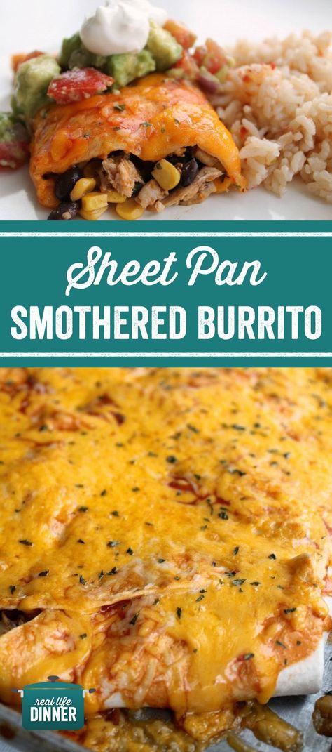 Smothered Burrito Recipe, Smothered Burrito, Healthy Cheat Meals, Chicken And Black Beans, Vegan Casserole, Burrito Recipe, Sheet Pan Dinners Recipes, Pan Meals, Tex Mex Recipes