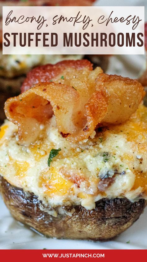 Smoky Stuffed Mushrooms with Bacon and Cheese Bacon And Cream Cheese Stuffed Mushrooms, Bacon Cheddar Stuffed Mushrooms, Christmas Stuffed Mushrooms, Dairy Free Stuffed Mushrooms, Large Stuffed Mushrooms, Mushrooms Dishes, Best Stuffed Mushrooms, Mushroom Appetizer, Mushrooms Stuffed