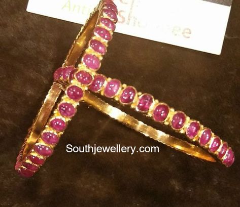 22 Carat gold antique bangles studded with rubies.  Gold bangles, ruby bangles, indian bangle models Ruby Bangles Indian, Gold Antique Bangles, Bangle Models, Antique Bangles, Simple Bridal Jewelry, Ruby Bangles, Indian Bridal Jewellery, Antique Gold Jewelry Indian, Baby Bangles