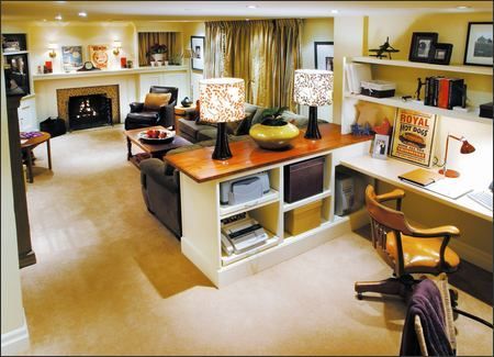 I need an office space that divides a family room and dining room. this one has got the right idea! Living Room Office Combo, Pine Paneling, Basement Office, Basement Layout, Basement Inspiration, Muebles Living, Small Basements, Basement Bedrooms, Divine Design