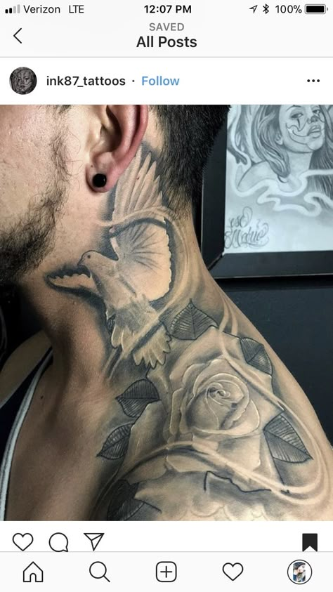 Dove On Neck Tattoo, Biblical Neck Tattoos, Shoulder Neck Tattoo Men, Lower Neck Tattoo For Men, Dove Neck Tattoo Men, Angle Neck Tattoo, Unique Neck Tattoos For Men, Side Of Neck Tattoo Men, Stomach Tattoos For Guys Lower