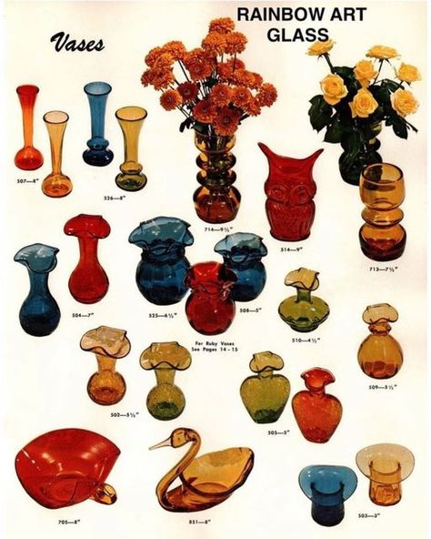 Vintage Glass Guide shared a post on Instagram: "Late 1960s or early 1970s ad for some Rainbow Glass vases! I don’t know about y’all but I’m really hoping to see some elaborate floral arrangements in some vintage vases this year! I mean just look at that Owl Vase! 🦉". Follow their account to see 109 posts. Viking Reference, Vintage Selling, Mcm Glassware, Glass Reference, 1960s Decor, Retro Glassware, Mid Century Glassware, Owl Vase, Antique Glass Bottles