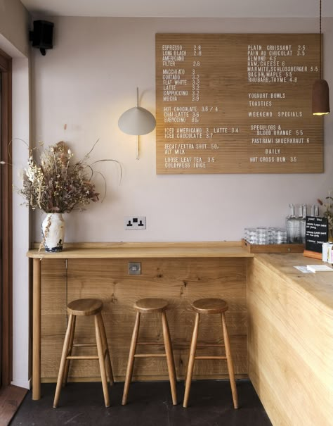 Cozy Modern Coffee Shop, Sandwich Cafe Interior, Pophams Bakery, Scandi Cafe, Coffee In London, Scandinavian Cafe, Coffee Shop Counter, Wooden Cafe, Shops In London