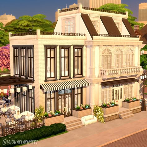 Sims 4 New Crest Ideas, Sims 4 Parisian Restaurant, Apartment On Top Of Shop, Cafe And Apartment Exterior, Sims 4 Shops Ideas, Sims 4 University House, Sims Shop Ideas, Parisian Sims 4, Sims 4 Shop Ideas