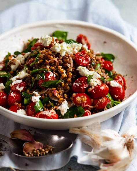 Warm Farro Salad, New York Times Cooking, Farro Recipes, Farro Salad, Recipe Tin, Recipetin Eats, Spinach And Cheese, Leafy Greens, Roasted Tomatoes