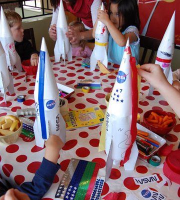 Water Rockets.  Either have all the kids (young & old) decorate the rockets together, and then shoot them off as a group.   OR, split up older and smaller kids and have the younger kids do a non-water rocket. Craft Rocket, Future Astronaut, Water Rocket, Rocket Party, Robot Party, You Are My Moon, James 5, Astronaut Birthday, Outer Space Party