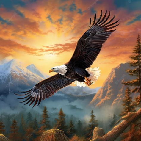 Premium Photo | Painting of a bald eagle soaring over a mountain range at sunset generative ai Eagle Background, Cross Stitch Patterns Printable, Eagle Soaring, Eagle Artwork, Eagle Painting, Embroidery Crafts, Eagle Pictures, Eagle Tattoos, Eagle Art