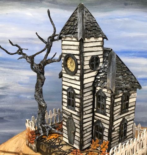 The pattern to make the Haunted Schoolhouse and Kelly’s Christmas Clockhouse is called the Front Tower Clockhouse. You can use it to make either a mildly spooky, haunted miniature house like the one below or a cheerful Christmasy house like Kelly’s house. My modem went out on me this weekend so I can’t upload the … Haunted House Craft, Haunted House Diy, Glitter House, Putz House, Fairytale House, Halloween Paper Crafts, Twisted Tree, Haunted Dollhouse, Spooky Stuff