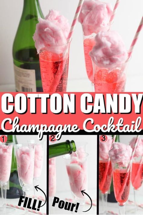 Wine With Cotton Candy, Cotton Candy Alcoholic Drink Recipes, Cotton Candy Cocktail Recipe, Cotton Candy Drinks Alcohol, Champagne And Cotton Candy, Cotton Candy Mimosa, Fun Cocktail Recipes, Cranberry Champagne Cocktail, Cotton Candy Drinks