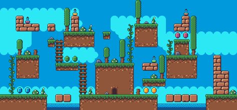 Nature Platformer Tileset[16x16][FREE] by RottingPixels Platformer Tileset, 2d Game Background, Game Level Design, Game 2d, Pixel Art Tutorial, Pixel Art Games, Game Background, Platform Game, Free Graphics