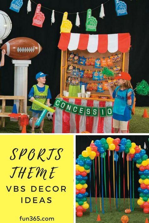 Your sports-themed VBS needs these DIY decor ideas! So fun and so easy to make, these VBS decorations will add to the fun and fellowship of your summer VBS. Sports Fest Decor Ideas, Summer Camp Decoration Ideas, Summer Camp Decoration Ideas For School, Sports Decoration Ideas For School, Sports Decorations School, Champion Vbs Decorations, Sports Vbs Decorations, Vbs Sports Theme, Game On Vbs Decorations