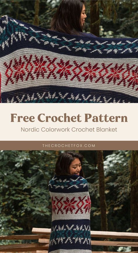 Enjoy working on this beautiful tapestry crochet blanket that resembles a classic fair isle knit blanket. This easy crochet pattern is the perfect crochet project for those who are fans of colorwork crochet. It is worked lengthwise rather than widthwise, using simple Single Crochet stitches and has fun fringes on the sides. | More free crochet patterns at thecrochetfox.com Dutch Crochet Patterns, Crochet Cabin Decor, Swedish Crochet Patterns, Fair Isle Blanket Pattern, Nordic Crochet Blanket, Folk Art Crochet, Beautiful Crochet Blanket Patterns, Northern Lights Crochet, Color Work Crochet Patterns