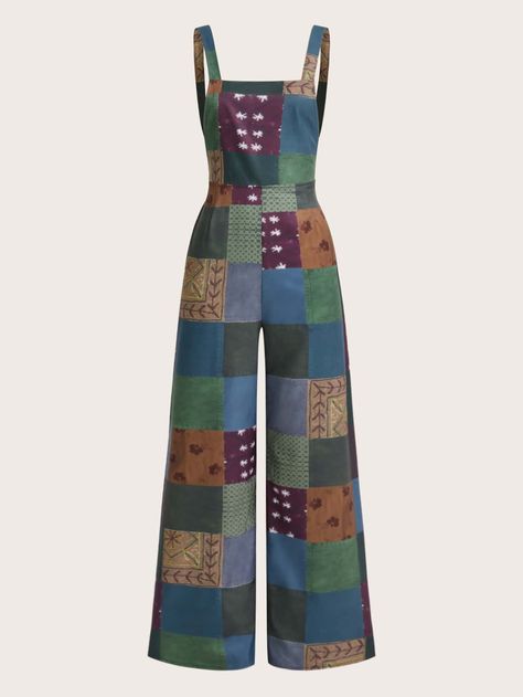 Multicolor Boho Collar Sleeveless Woven Fabric Patchwork Cami Embellished Non-Stretch  Women Jumpsuits & Bodysuits Casual Patchwork Overalls For Festival, 70s Jumpsuits For Women, Multicolor Cotton Overalls With Patchwork, Summer Patchwork Overalls, Multicolor Patchwork Overalls, Baggy Patchwork Overalls, Patchwork Overalls, Patchwork Outfit, 60s Outfit