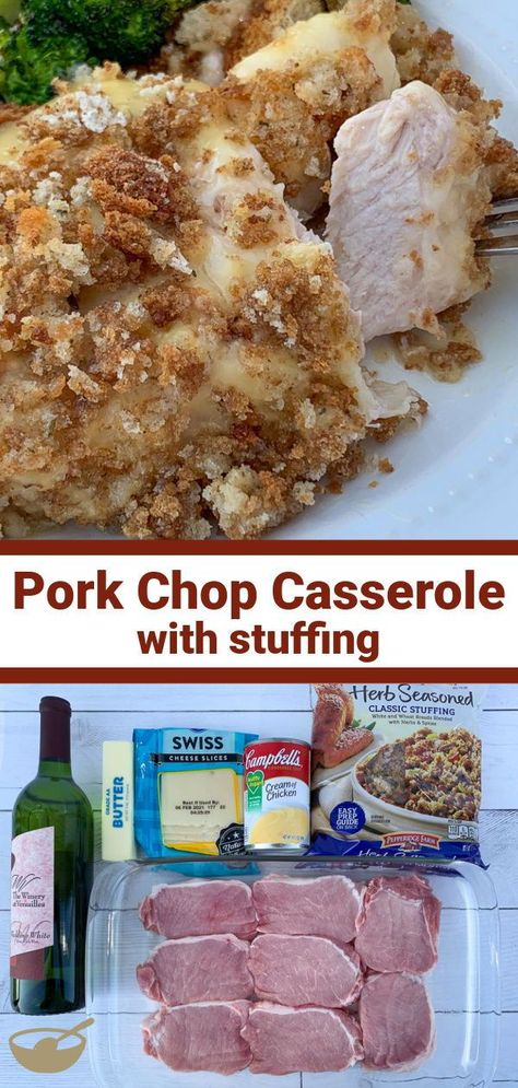 Are you craving a classic down-home meal?  This Farmhouse Pork Chop and Stuffing Casserole is perfect comfort food that tastes great!  This baked casserole dish is an old fashioned recipe with stuffing that bakes creamy gravy over top of thick pork chops. Pork Chop And Stuffing Casserole, Pork Chop Stuffing Casserole, Pork Chop Stuffing, Recipe With Stuffing, Thick Pork Chops, Baked Stuffed Pork Chops, Quick Easy Family Meals, Pork Chop Casserole, Best Pork Recipe