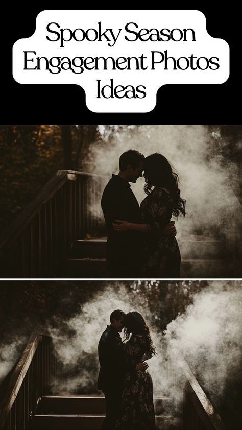 A couple poses in eerie shadows for a spooky season engagement photoshoot, surrounded by haunting fall backdrops and dramatic lighting, capturing the essence of Halloween-themed romance. Witchy Engagement Photos, Goth Couple Photoshoot, Spooky Engagement Photos, Halloween Engagement Pictures, Gothic Engagement Photos, Edgy Engagement Pictures, Dark Engagement Photos, Poses Dramatic, Gothic Romance Aesthetic