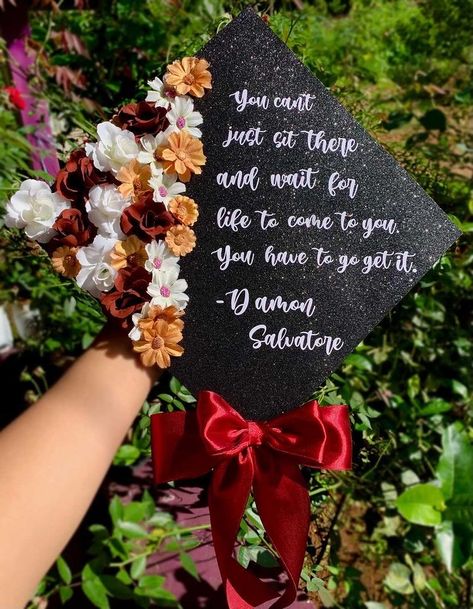 College Cap Decorations, Quotes For Graduation, High School Graduation Cap Designs, Quotes For Graduation Caps, Damon Salvatore Quotes, Caps Graduation, Teacher Graduation Cap, Mexican Graduation, Creative Graduation Caps