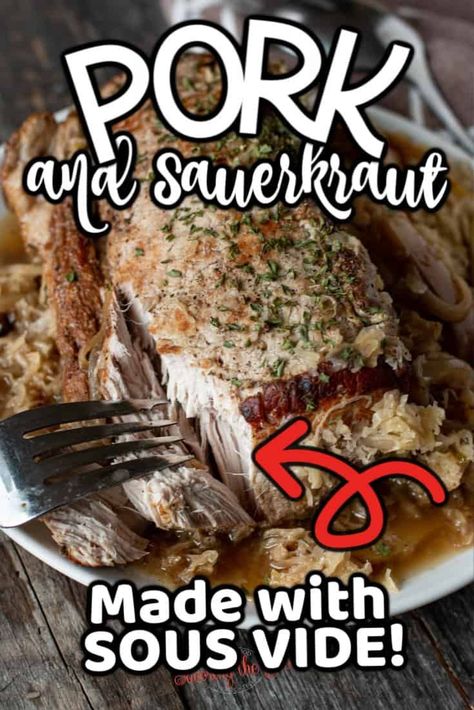 Our traditional New Year's meal is pork and sauerkraut and it is meant to bring good luck in the New Year. This sous vide pork and sauerkraut recipe is amazing because you can choose the doneness of the pork without over cooking it. Pork And Sauerkraut Stovetop, Pork Roast For New Years Day, New Year’s Day Pork And Sauerkraut, Pork And Sauerkraut Oven, Crockpot Pork And Sauerkraut, New Year's Meal, Pork And Sauerkraut Recipe, Pork Roast And Sauerkraut, Pork Chops And Sauerkraut