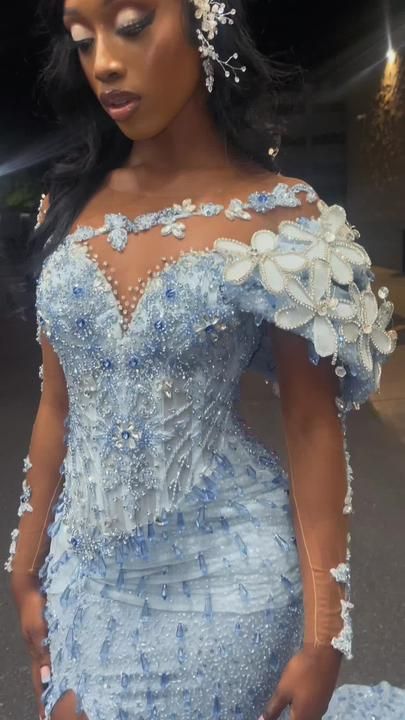 Nigerian Lace Styles Dress, Nigerian Lace Styles, Light Blue Prom Dress, Classy Prom, African Prom Dresses, Prom Dress Inspo, Sparkly Prom Dresses, Styles Dress, Gorgeous Prom Dresses