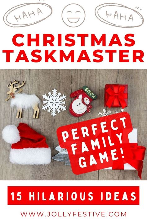 This hilarious idea is the perfect fun Christmas game for the whole family! Recreate the famous TV show at home with our laugh out loud Taskmaster game ideas - 15 fun challenges to try. Simple, cheap and ideal for the whole family - a fantastic holiday game idea. The perfect Christmas party game for an office Christmas party or Christmas game for teens, this Christmas Taskmaster game at home will keep the whole family busy! Happy family fun time! Family Contest Ideas, Taskmaster Games At Home, Christmas Game Show Ideas, Christmas Challenge Ideas, Teen Christmas Scavenger Hunt, Small Family Christmas Games, Free Christmas Games For Kids, Christmas Morning Games, Taskmaster Ideas