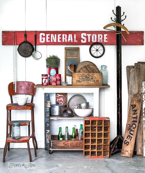 How to make an antique-looking General Store sign with stencils! Tips on how to age with wax included. Click for full tutorial. #stencils #signs #vintage #fusionmineralpaint Old Signs Vintage, Rooftop Plan, Farm Store Decor, Kitchen Island Update, Antique General Store, General Store Sign, Old Wood Signs, Grocery Sign, Farm Bedroom