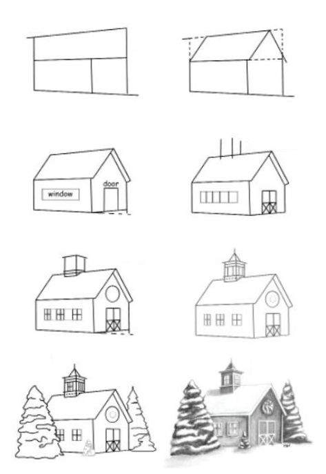 A Frame House Drawing, How To Draw Buildings Step By Step, Easy Landscape Ideas Drawing, How To Draw Houses, Barn Drawing Simple, How To Draw A House, Christmas House Drawing, Simple Architecture Drawing, Whimsical Buildings