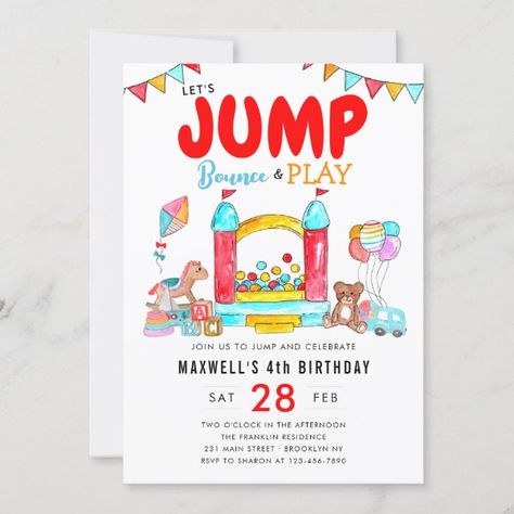 Let's Jump Bounce House Trampoline Park Birthday Invitation Bouncing House, Trampoline Park Birthday Party, Trampoline Birthday Invitations, Jumping Trampoline, Bounce House Birthday, Trampoline Party, Birthday Party At Park, House Castle, Castle Party