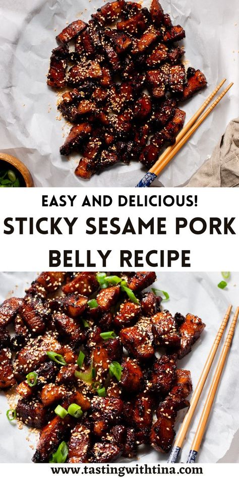 Sticky sesame pork belly is a delicious treat for the whole family! With everything done in under an hour, this dish is perfect for a weeknight or a hit for serving a crowd.I always order pork belly at restaurants, but I had never tried making at home. Now that I have, I’m hooked, and you should be too! Asian Pork Belly, Sesame Pork, Asian Pork, Pork Belly Recipes, Chinese Cooking Recipes, Dinner Inspiration, Chinese Cooking, Easy Pasta Recipes, Pork Dishes