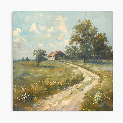 Vintage Oil Painting Country Road Farmhouse Wildflowers Barn Green Blue Decor Cottagecore Old Farm Canvas Print Green Blue Decor, Farmhouse Paintings, Farm Paintings, Country Paintings, Old Farm Houses, Vintage Farm, Vintage Oil Painting, Old Farm, Blue Decor