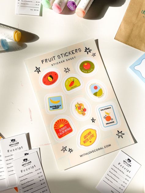 My infatuation with fruit stickers has finally reached my shop! I designed this cute little sticker sheet of 9 fruit stickers with varying phrases. They're clear gloss stickers with a clear border. The entire sticker sheet is 4" x 6". The stickers vary in sizes but the smallest one (banana sticker) measures a little under 1" wide and the largest one (lemon sticker) measures about 1.5" wide. The clear border measures 1/8". It is waterproof and UV resistant and perfect for water bottles, laptops, phone or tablet cases. The possibilities are endless! To preserve the longevity of the sticker, I recommend hand washing any bottles with stickers on them. All art is illustrated and designed by me in California.  The colors of the sticker may vary depending on monitor and photo settings. As of righ Sticker Sheet Design, Sticker Sheets Aesthetic, Fruit Stickers Aesthetic, Cute Stickers Fruits, Coffee Shop Stickers, Farmers Market Stickers, Fruit Sticker Illustration, Fruit Sticker Phone Case, Retro Fruit Stickers