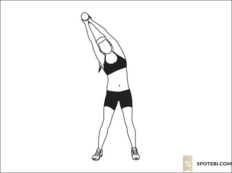 Standing side bend exercise guide with instructions, demonstration, calories burned and muscles worked. Learn proper form, discover all health benefits and choose a workout. https://www.spotebi.com/exercise-guide/standing-side-bend/ Dumbell Side Bend, Side Bends Exercise, Exercise Gif, Fitness Gif, Side Bends, Exercise Images, Side Crunches, Youtube Workout, Health And Fitness Apps