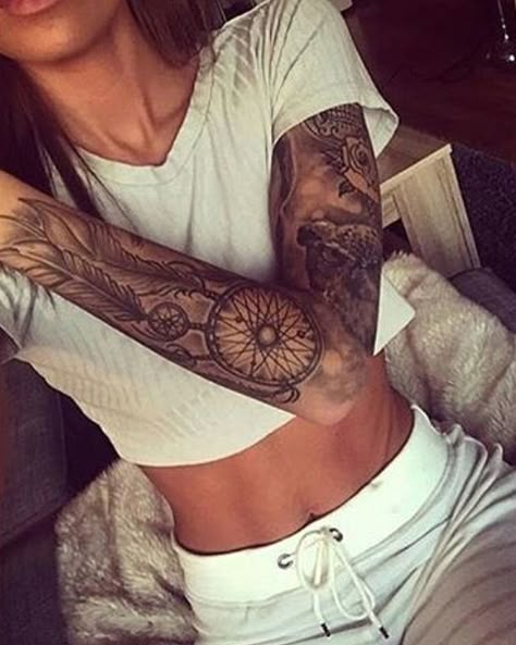 #Beautiful #sleeve #tattoos.                                                                                                                                                      More Mangas Tattoo, Women Tips, Makeup Tip, Dream Catcher Tattoo, Cat Tattoos, Geniale Tattoos, Tiny Tattoo, Full Sleeve Tattoos, Sleeves Ideas