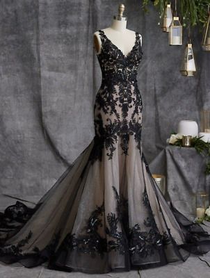 Vintage Gothic Black and Champagne Wedding Dresses Mermaid Boho Wedding Gowns  | eBay Simple Dark Wedding Dress, Black And Green Wedding Dresses, Black Lace Wedding Dress Mermaid, Black Lace Mermaid Wedding Dress, Goth Dress Wedding, Black Lace Wedding Dresses, Gothic Wedding Dress Plus Size, Pastel Goth Wedding Dresses, Vintage Black Wedding Dress