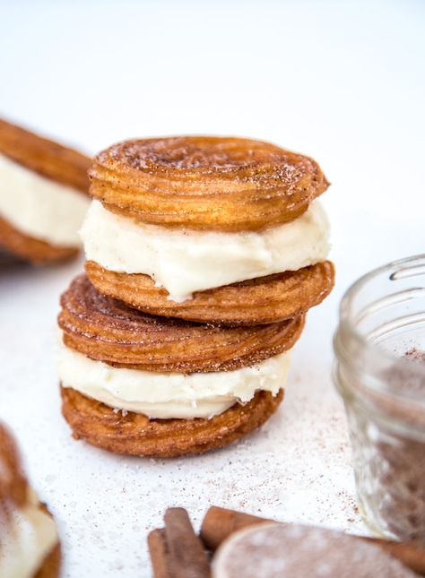 Churro Ice Cream Sandwiches | Southern FATTY Churro Ice Cream Sandwich, Churro Ice Cream, Swirl Ice Cream, Sweet Pastry, Ice Cream Sandwiches, Cream Sandwich, Low Fodmap Recipes, Best Ice Cream, Fodmap Recipes