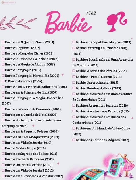 Templete da Barbie
Lista dos filmes na ordem de lançamento / Imagens da Barbie Barbie Movies List, Disney Movies List, Birthday Party Drinks, Pijama Party, Girly Movies, Circle Quotes, E Marketing, Girl Movies, Diary Ideas