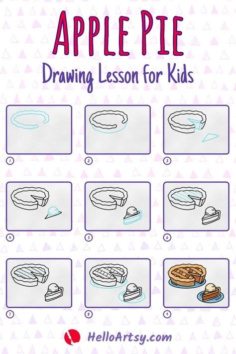 Step by step images demonstrating an how to draw an apple pie - A Drawing Tutorial for Beginners! Apple Pie Drawing Easy, How To Draw A Pie, Pie Drawing Easy, Apple Pie Drawing, Draw An Apple, 2022 Drawing, Pie Drawing, Draw Food, Drawing Apple