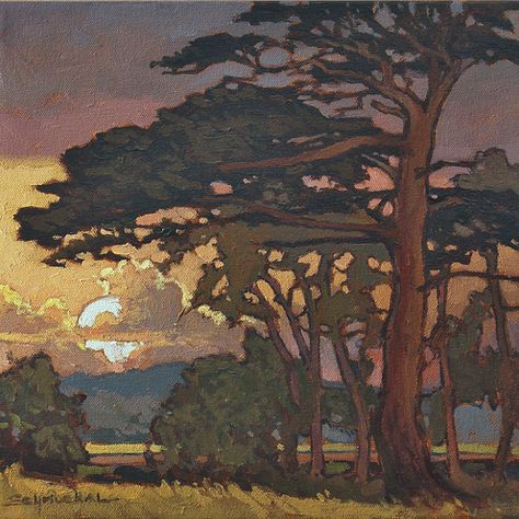 Craftsman Sunset by Jan Schmuckal Oil ~ 12" unframed 20" framed x 12" unframed 20" framed Landscape Art Ideas, Tree Artwork, Art And Craft Design, Saint Charles, Plein Air Paintings, Tree Art, Tree Painting, Art And Architecture, Abstract Landscape